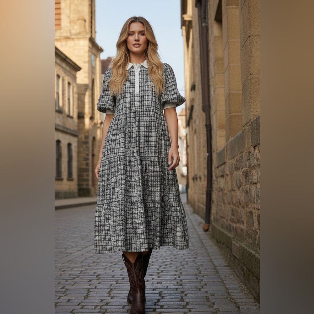 English Factory Black and White Check Midi Dress